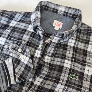 Lacoste Live 40 mens Black White Fleece Plaid Long Sleeve Button Up Logo